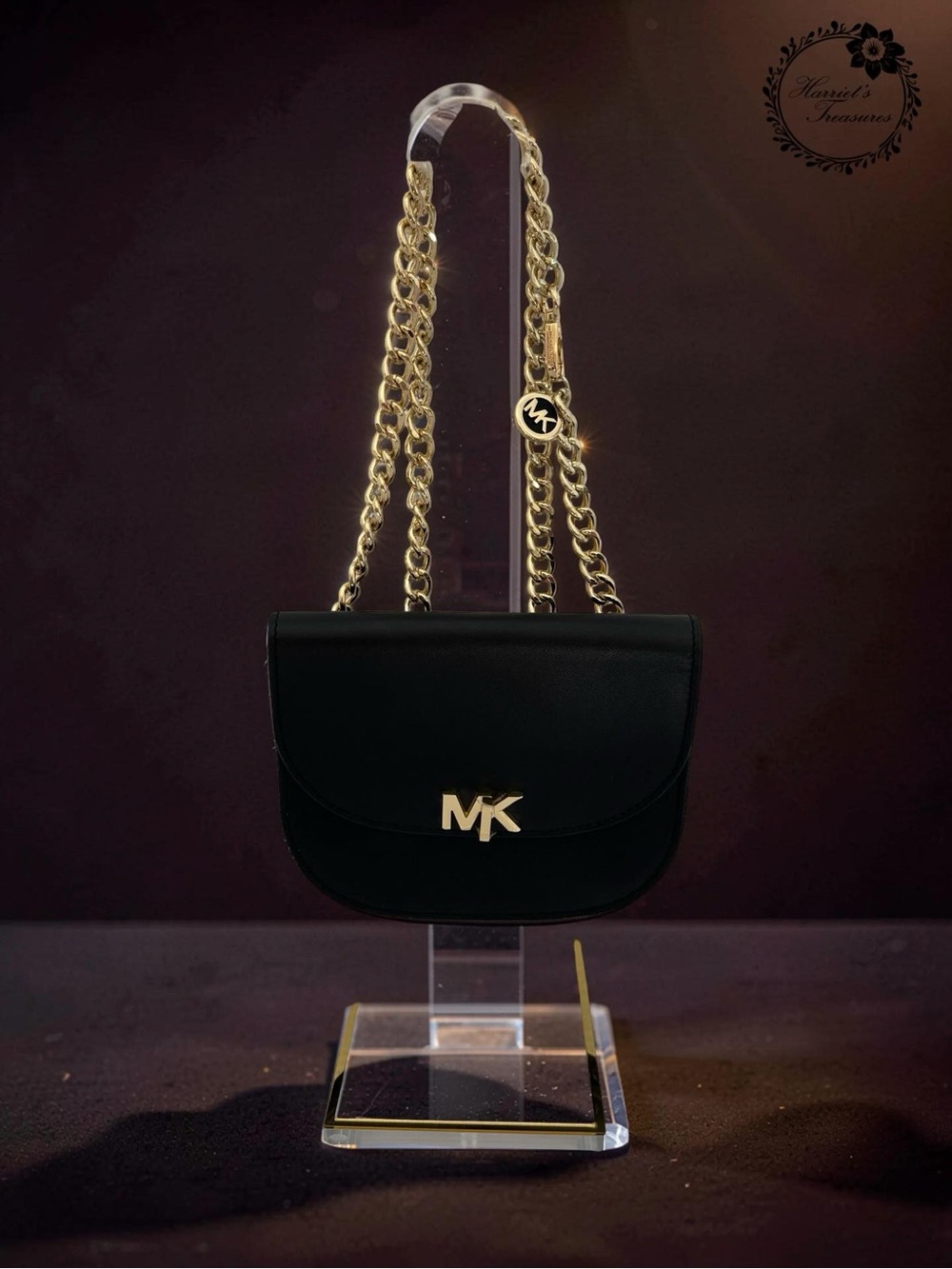 Michael Kors Black Leather Crossbody with Gold Chain